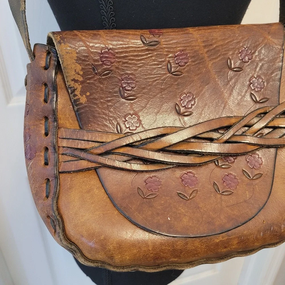 Dante‎ San Jose Tooled Leather Handbag Braided Strap Hippie Boho Flowers Gypsy